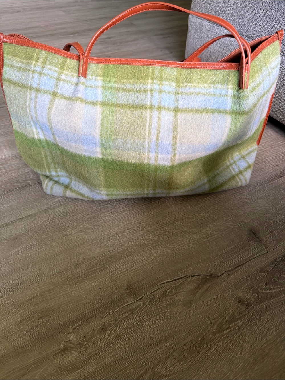 Green Plaid Tote Bag with Orange Trim